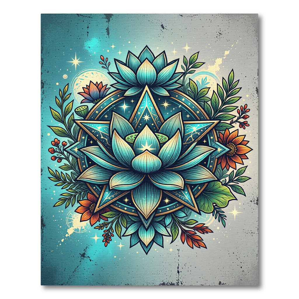 Celestial Teal Lotus Star Mandala Rug