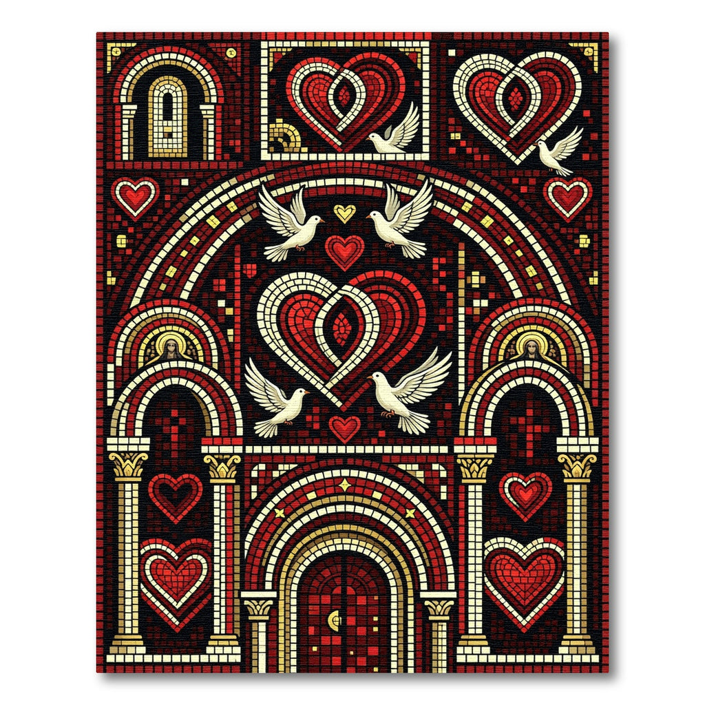Regal Red Heart Dove Archway Mosaic Rug