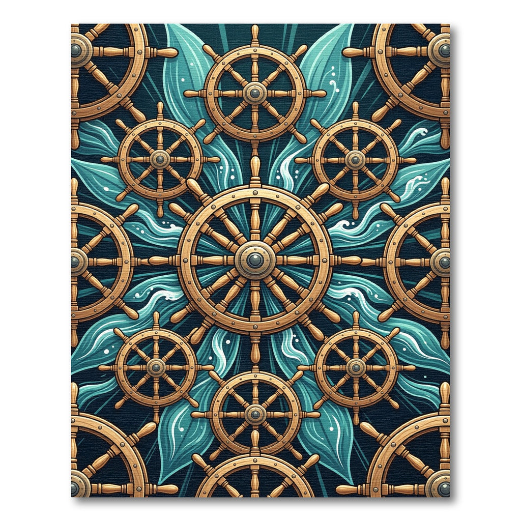 Nautical Golden Ship Wheel Wave Ocean Rug
