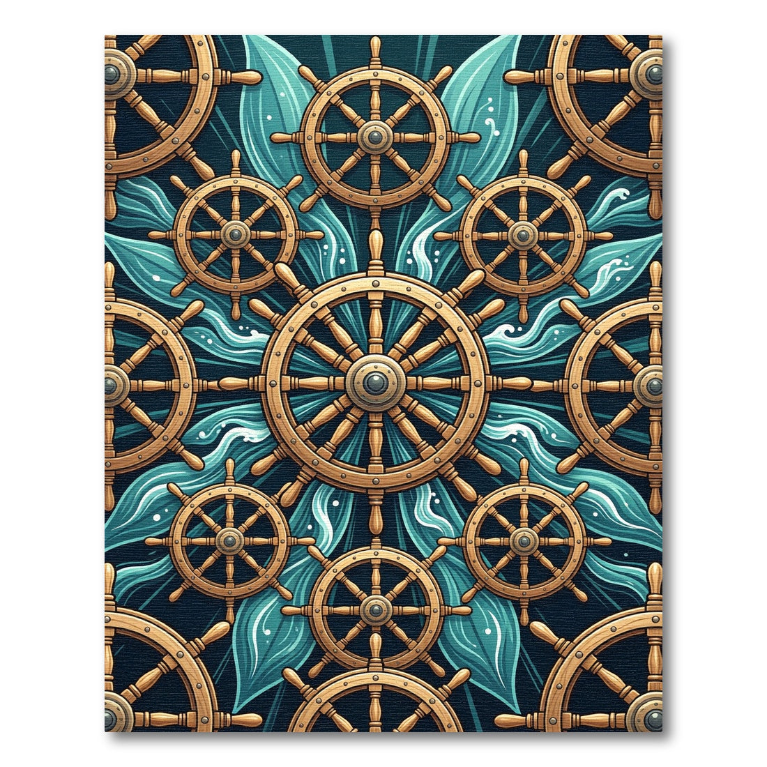 Nautical Golden Ship Wheel Wave Ocean Rug