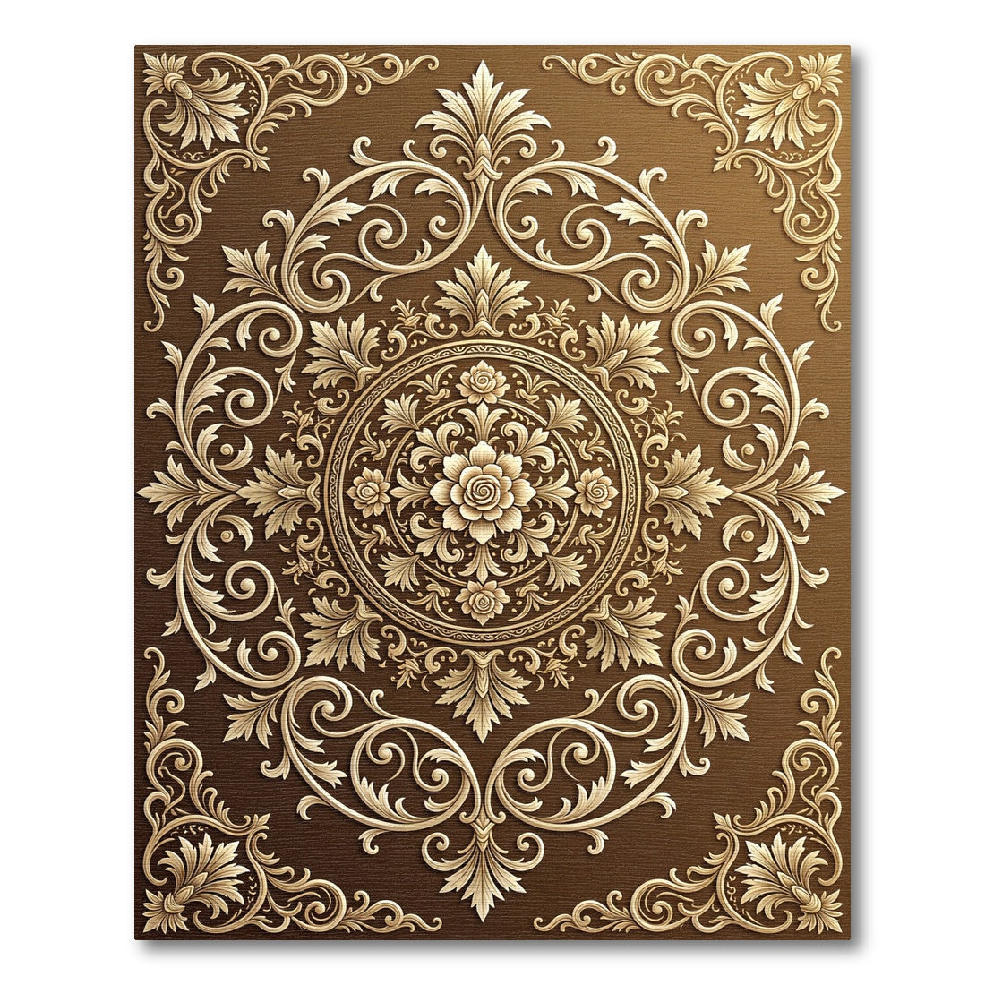 Ornate Gold Floral Medallion Chocolate Rug