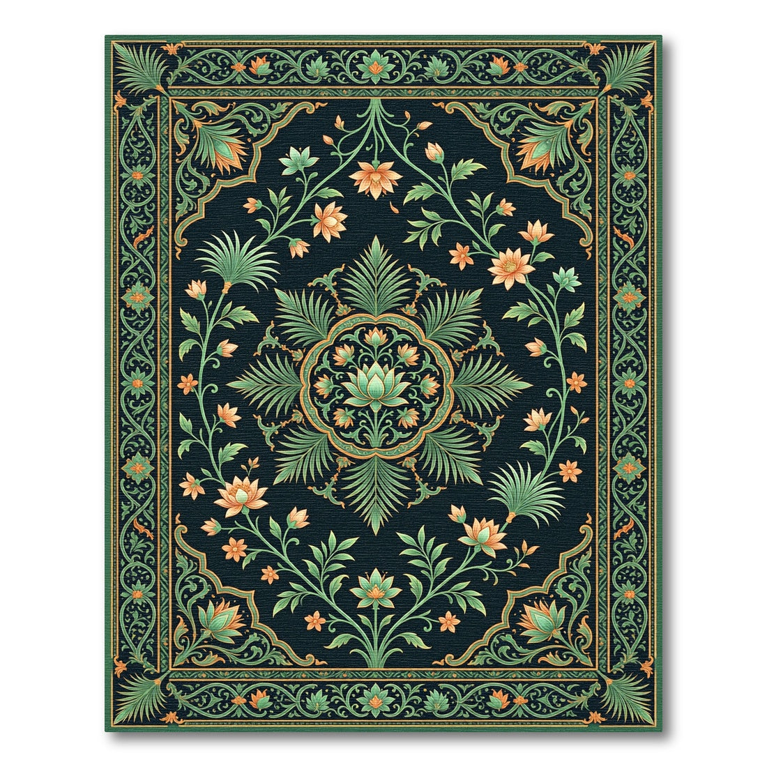 Elegant Sage Floral Lotus Medallion Rug