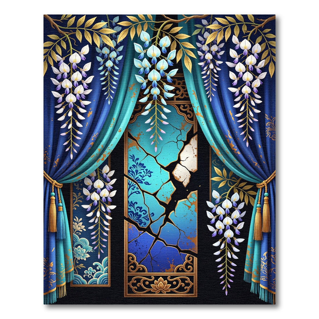 Rich Blue Wisteria Golden Foliage Tassels Rug