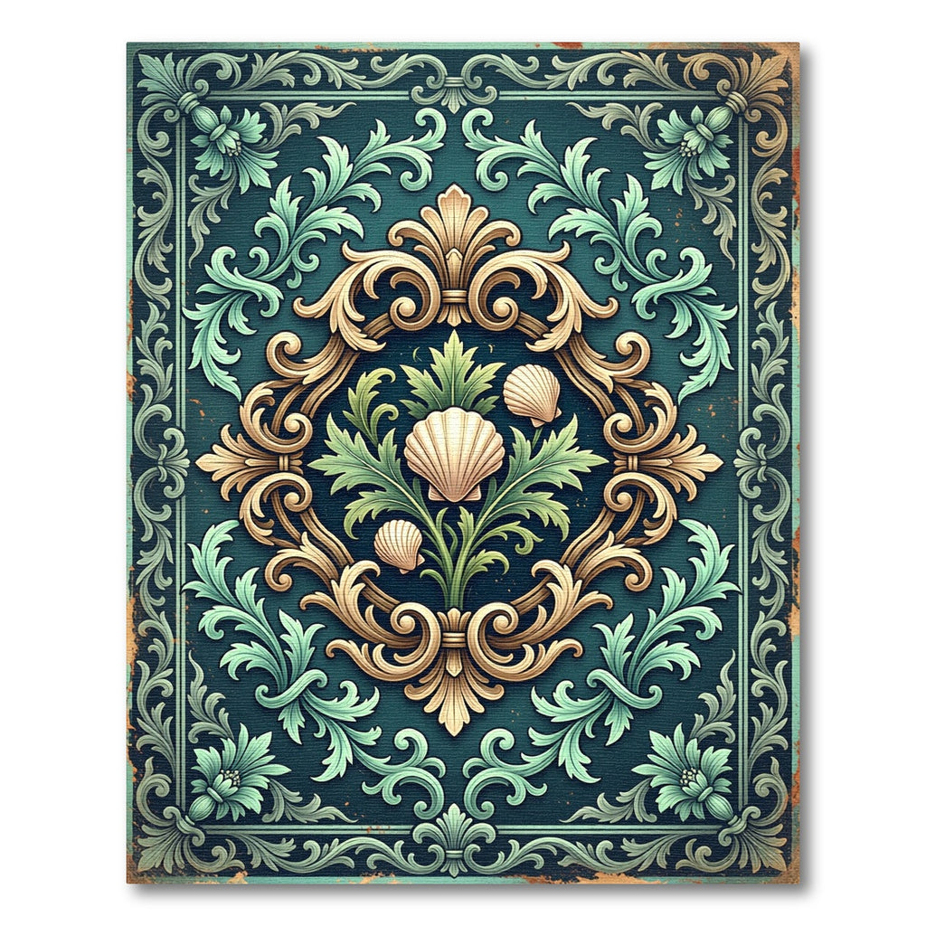 Ornate Teal Shell Botanical Scrollwork Rug