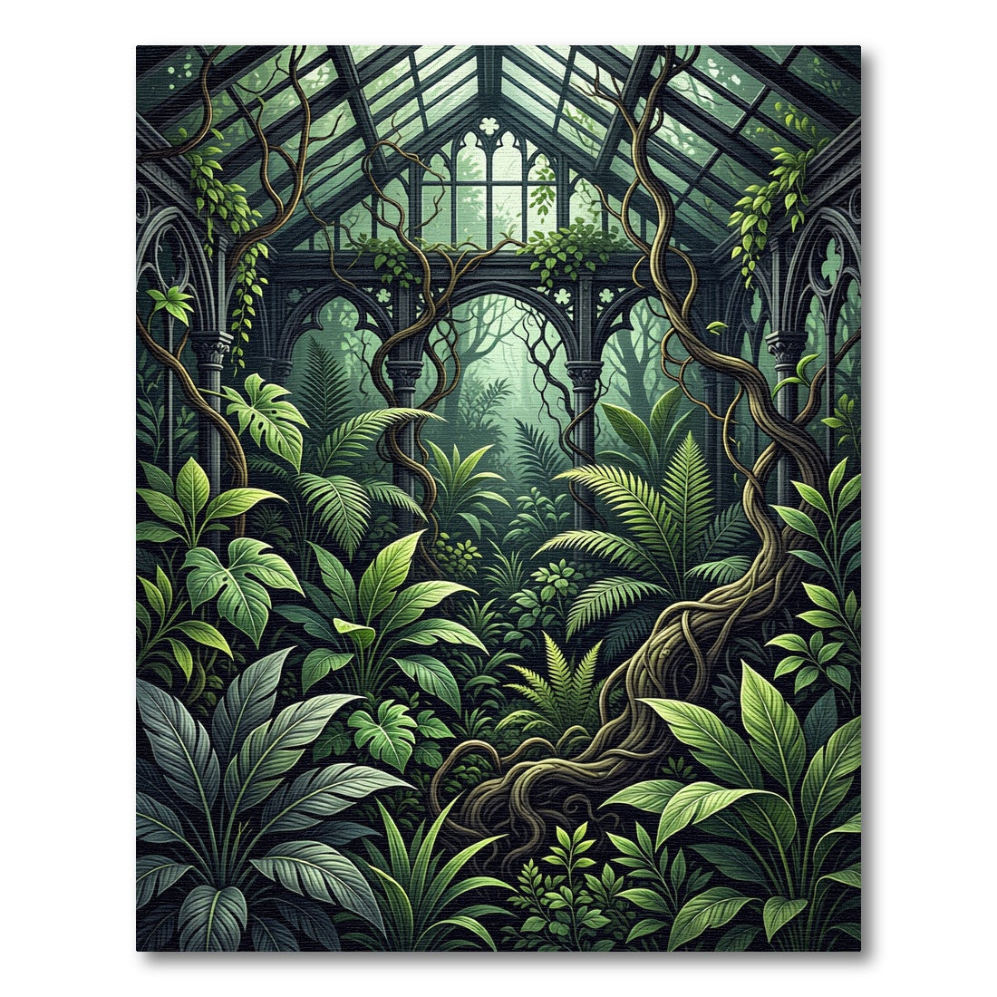 Lush Emerald Greenhouse Botanical Foliage Rug
