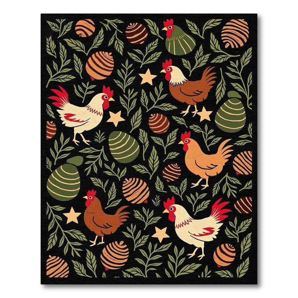 Whimsical Rooster Egg Garden Black Rug