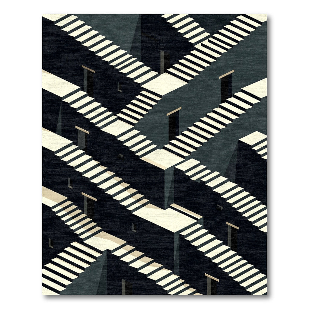 Dark Geometric Impossible Staircase Layout Rug