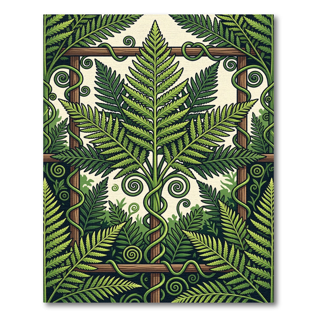 Lush Green Botanical Fern Trellis Art Rug