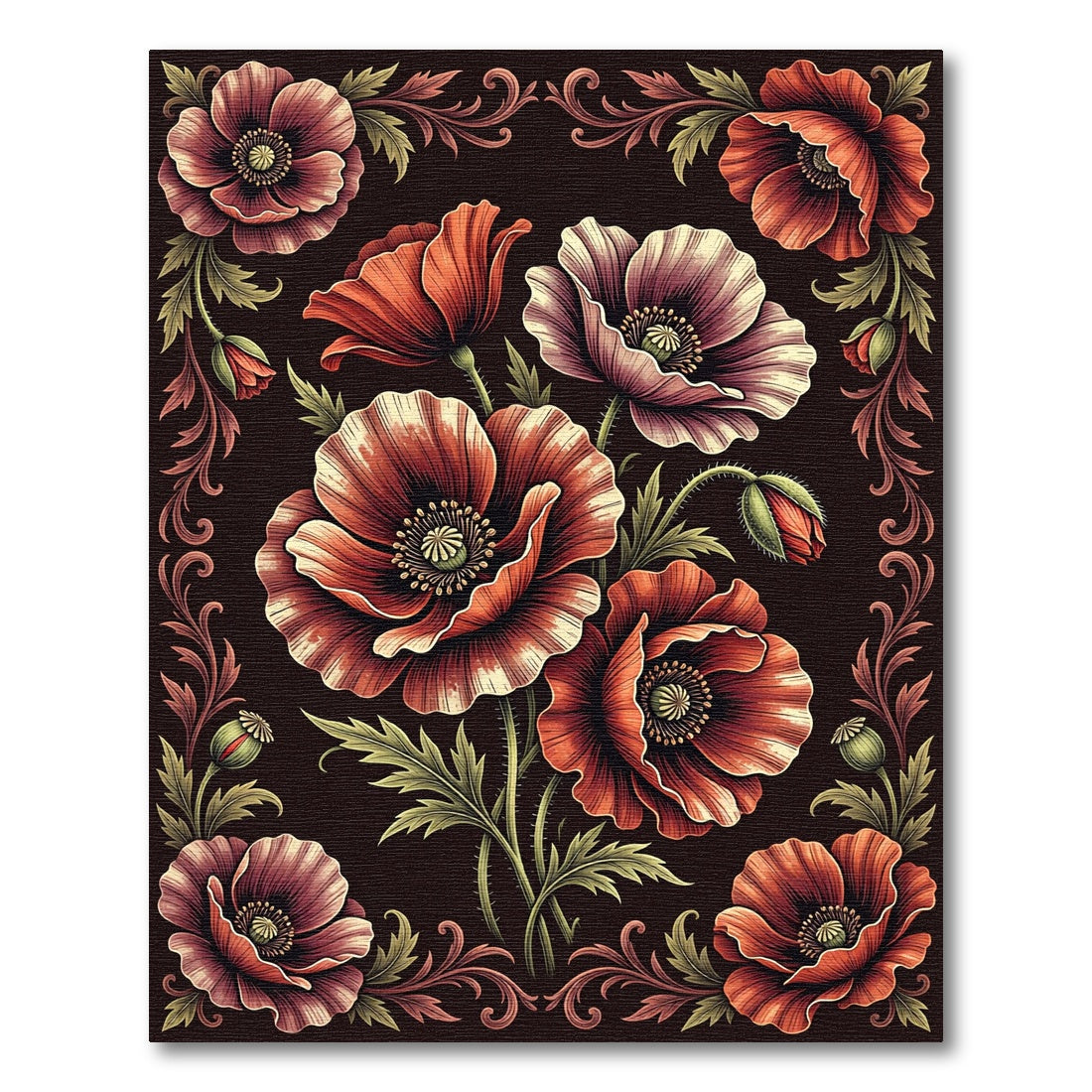 Vintage Crimson Poppy Floral Tapestry Rug