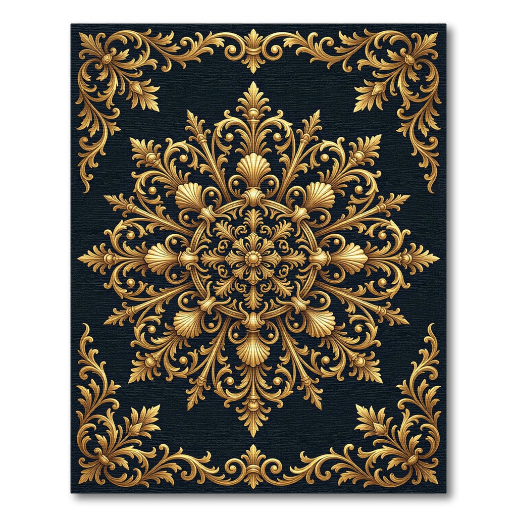 Ornate Gold Baroque Medallion Accents Rug