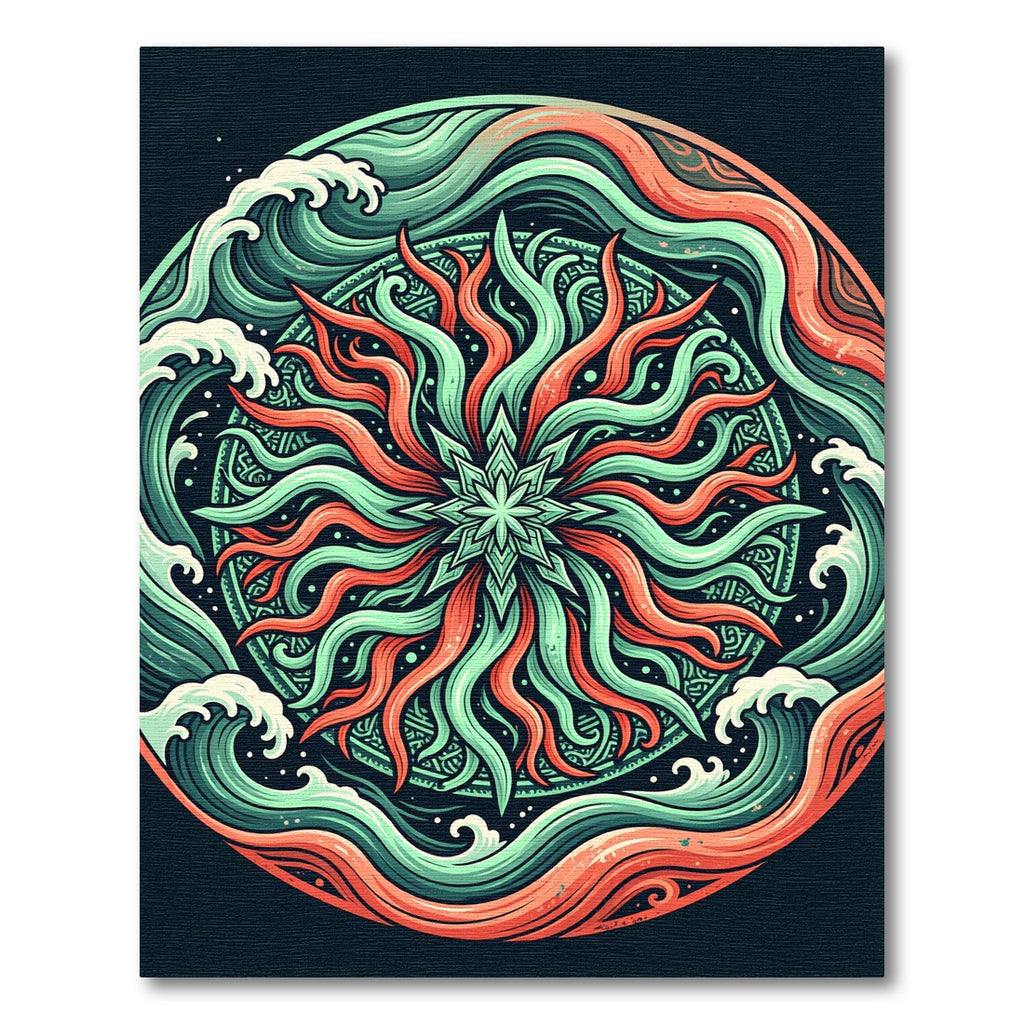 Radiant Coral and Teal Wave Mandala Rug