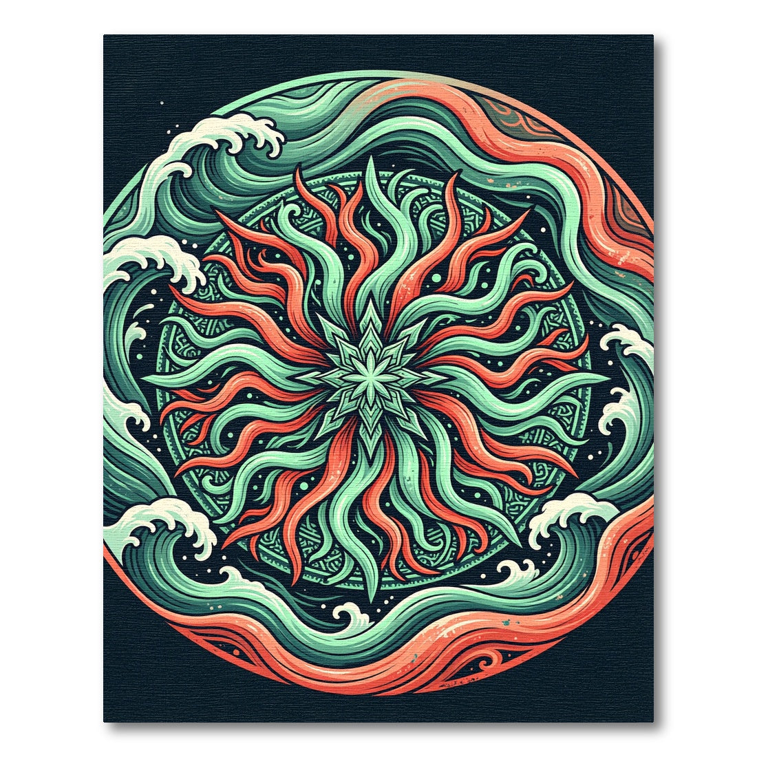 Radiant Coral and Teal Wave Mandala Rug