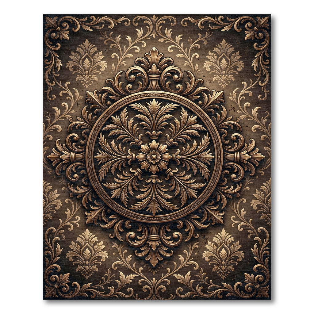 Ornate Bronze Damask Leaf Medallion Rug