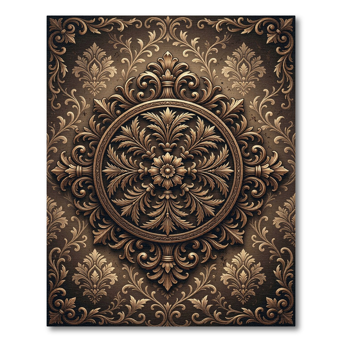 Ornate Bronze Damask Leaf Medallion Rug