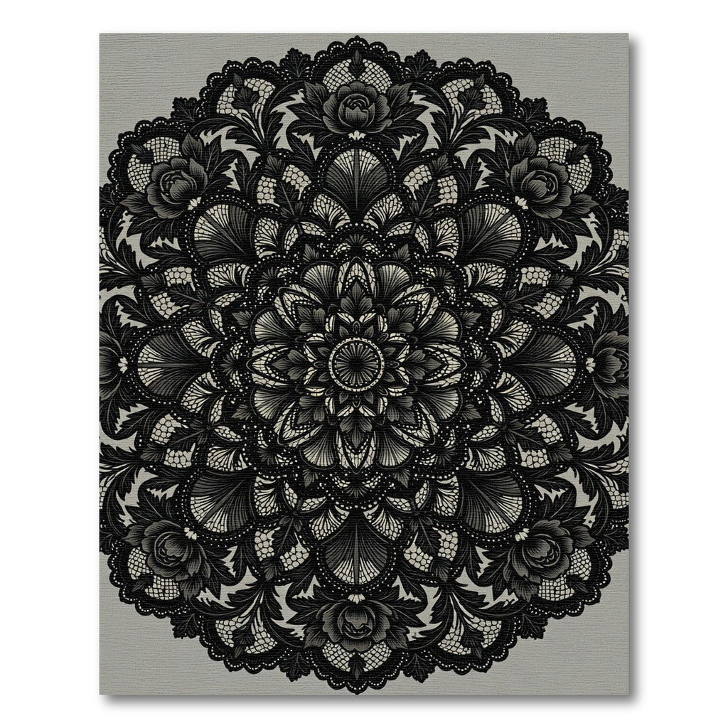 Intricate Black Floral Lace Mandala Rug