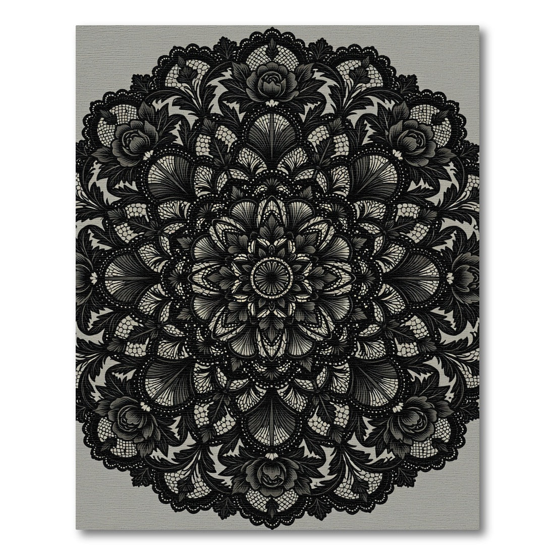 Intricate Black Floral Lace Mandala Rug