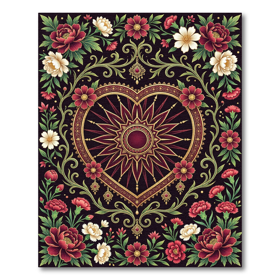 Ornate Heart Shaped Floral Jewel Tapestry Rug