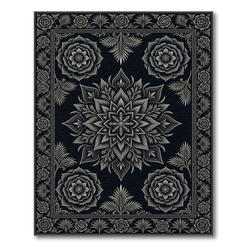 Elegant Charcoal Floral Mandala Medallion Rug