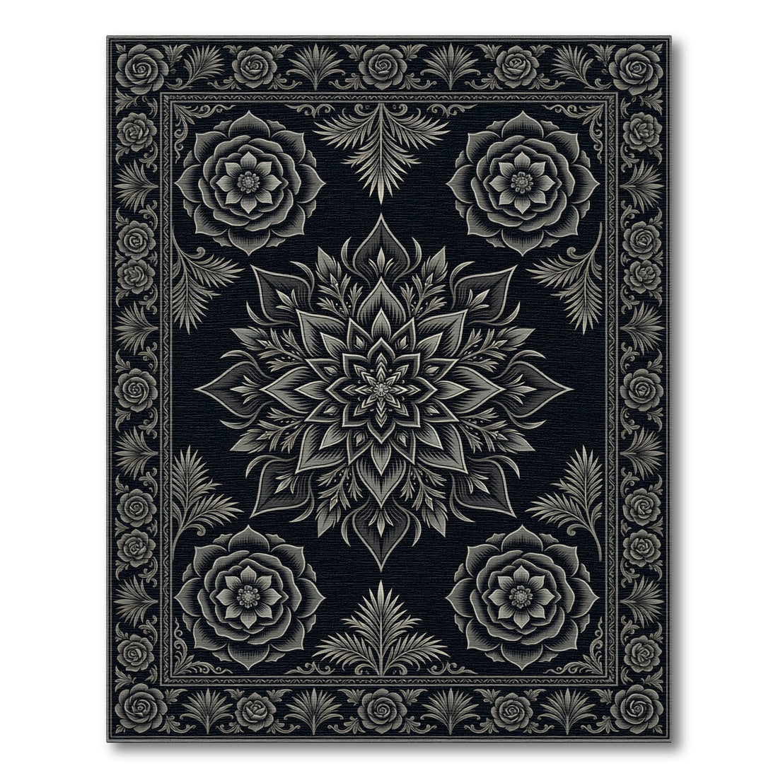 Elegant Charcoal Floral Mandala Medallion Rug