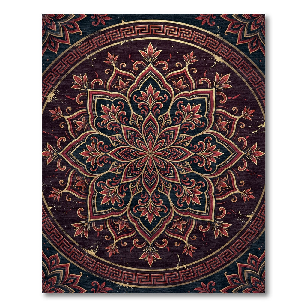 Ornate Crimson Gold Greek Key Medallion Rug