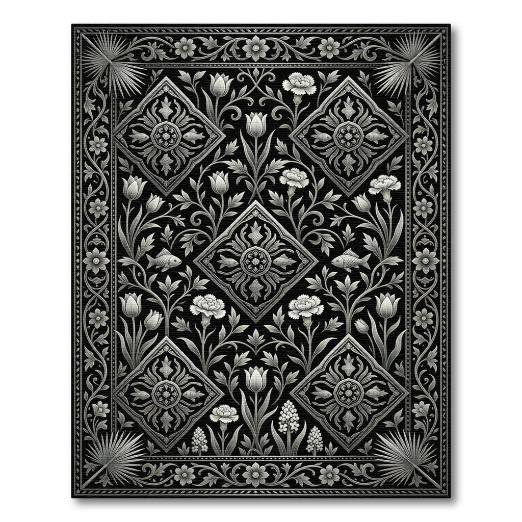 Monochromatic Floral Diamond Fish Art Rug