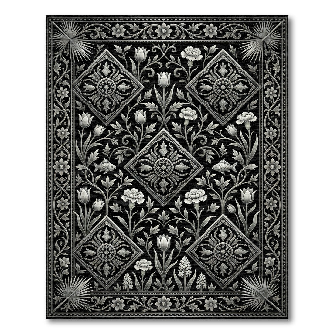 Monochromatic Floral Diamond Fish Art Rug
