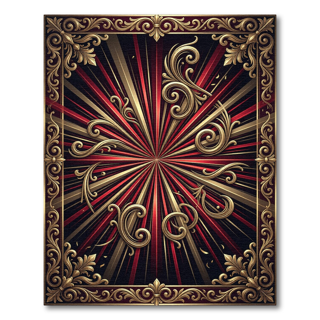 Regal Red Sunburst Swirls Frame Rug