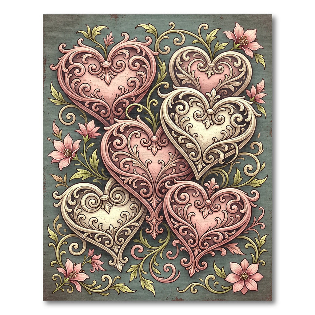 Ornate Pink Swirl Hearts Floral Rug