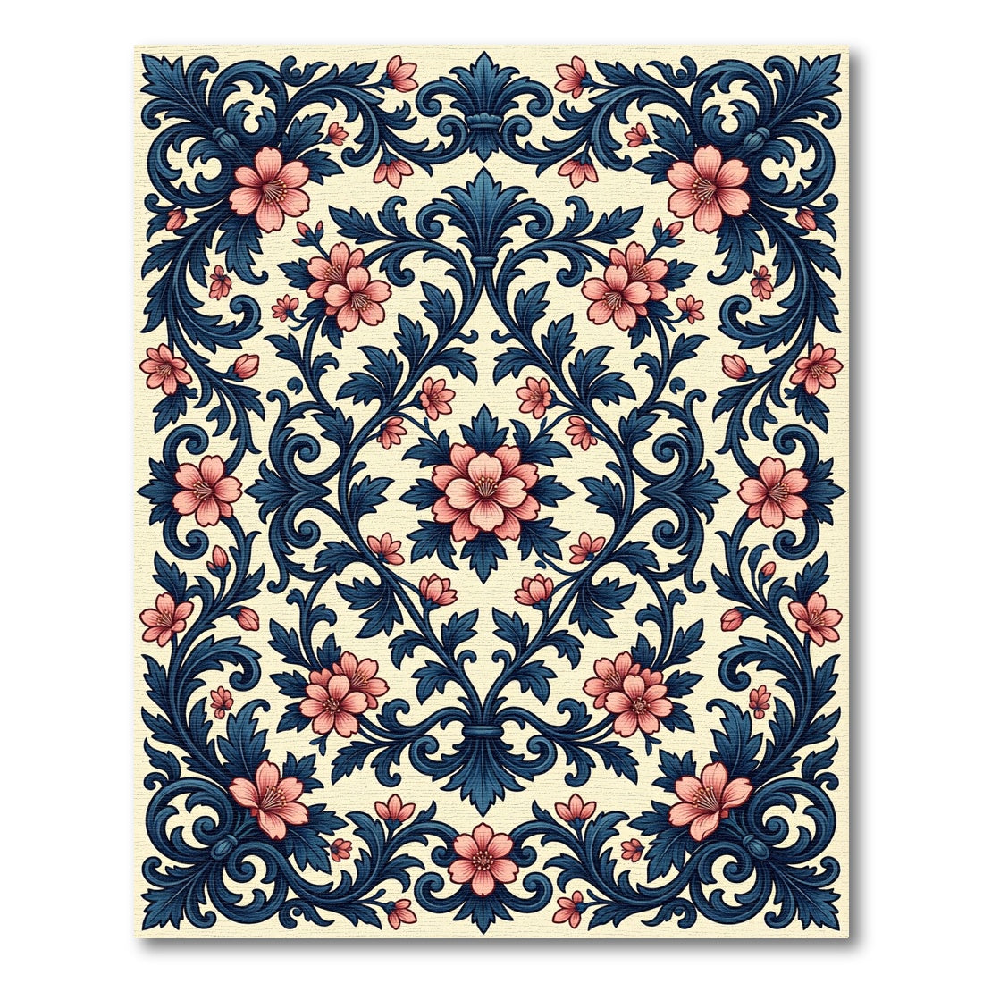 Elegant Navy Coral Floral Scrollwork Rug