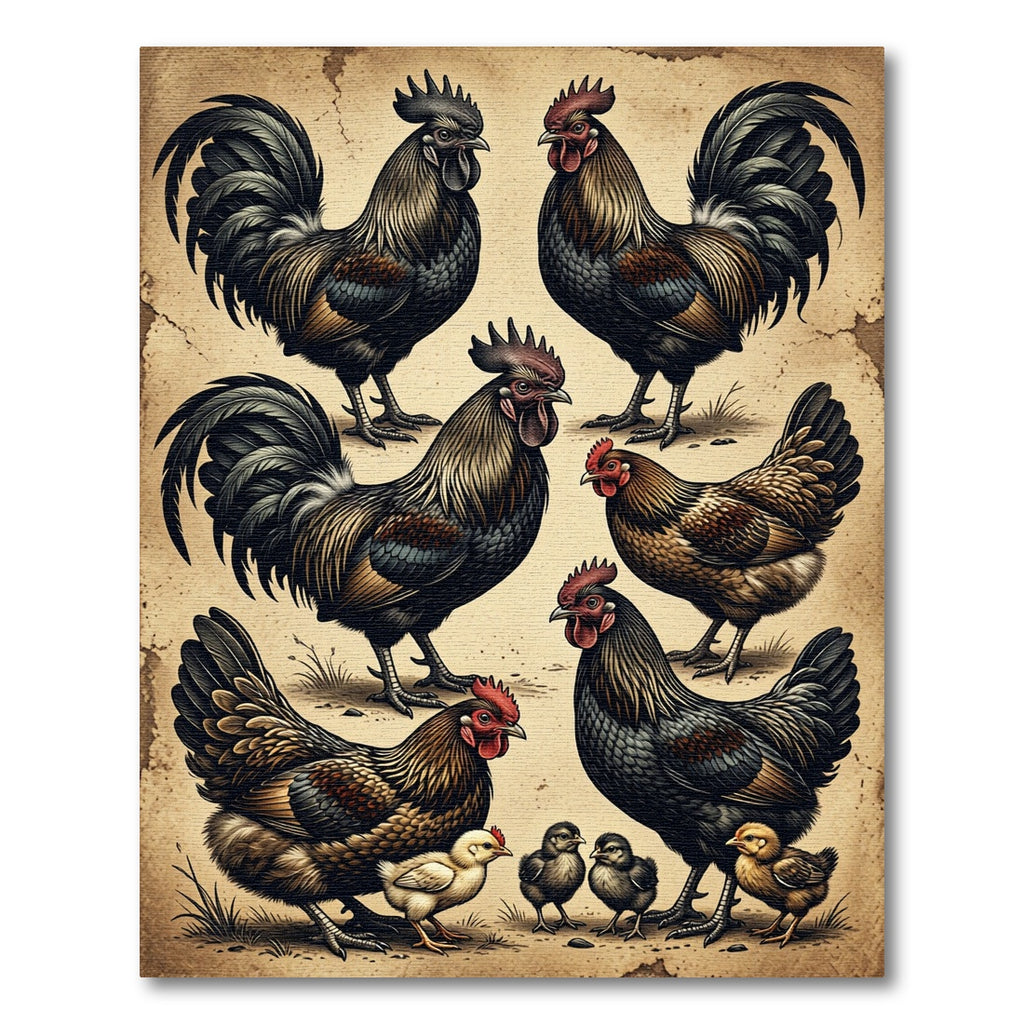 Vintage Farmhouse Rooster Ensemble Illustration Rug