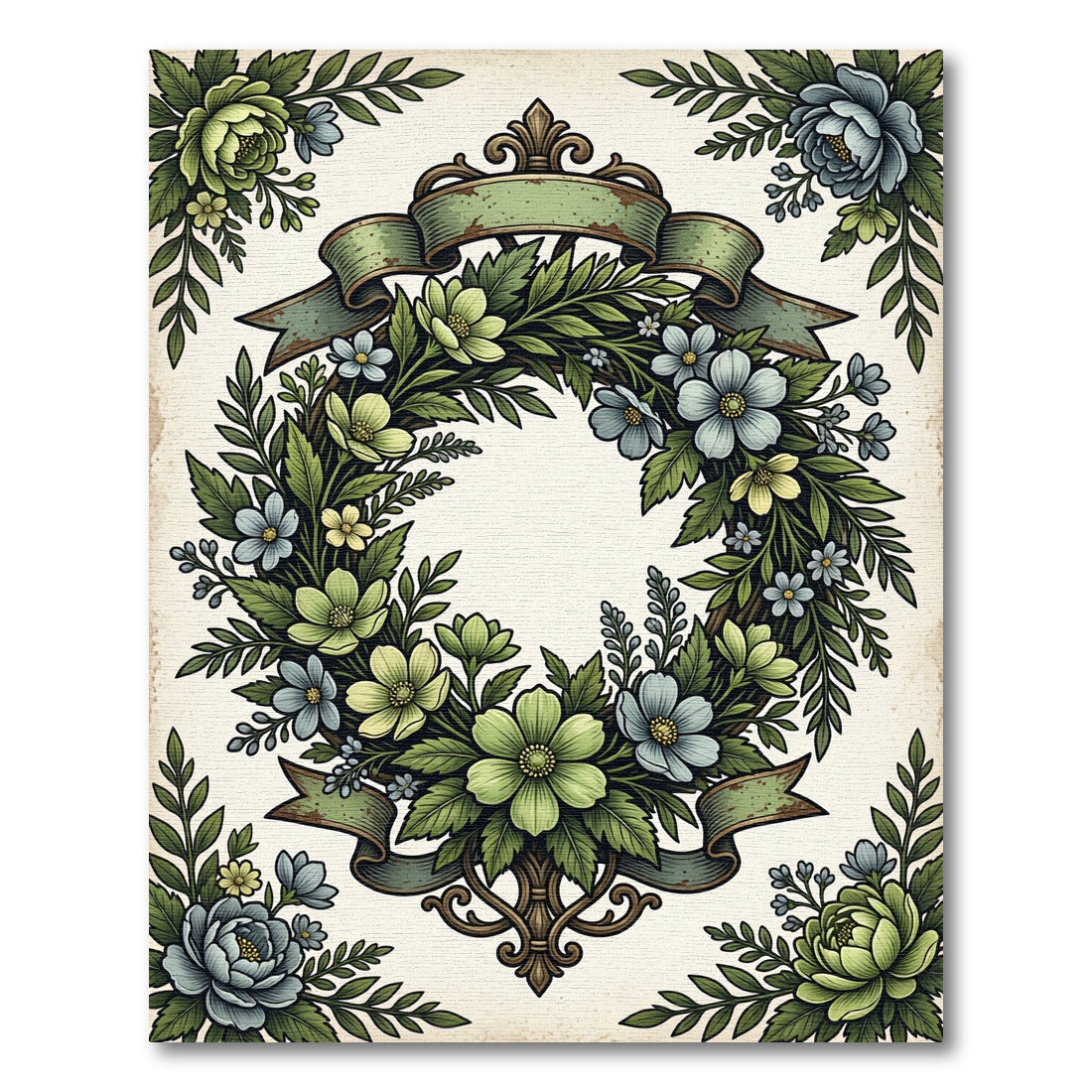 Antique Sage Floral Wreath Garland Rug