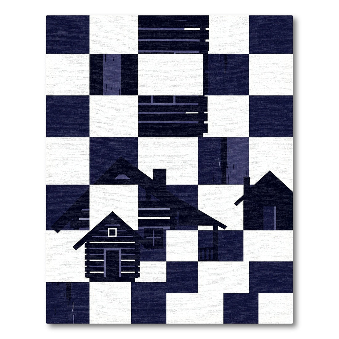 Dark Blue Checkerboard Cabin Silhouette Rug
