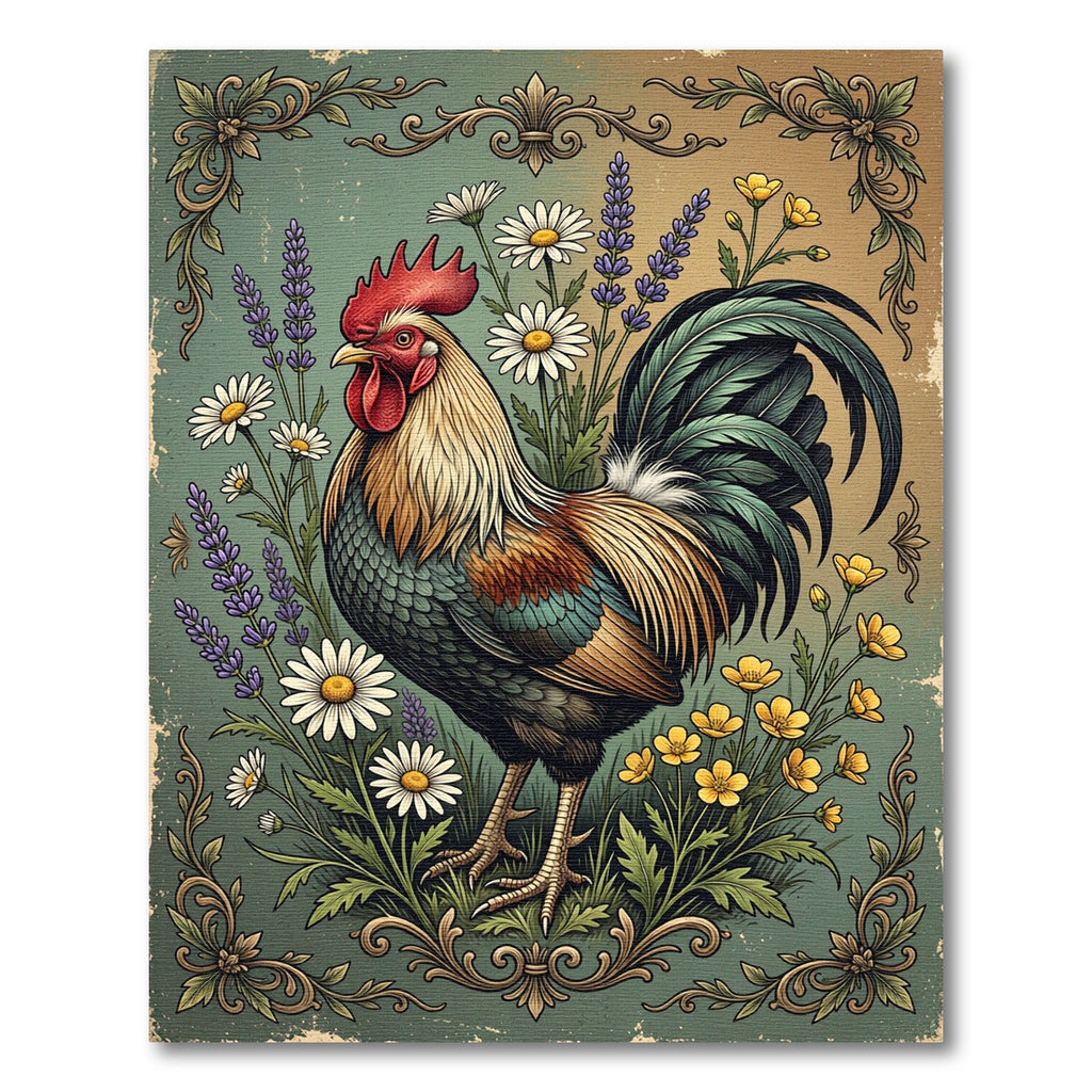Vintage Floral Rooster Farmhouse Art Rug