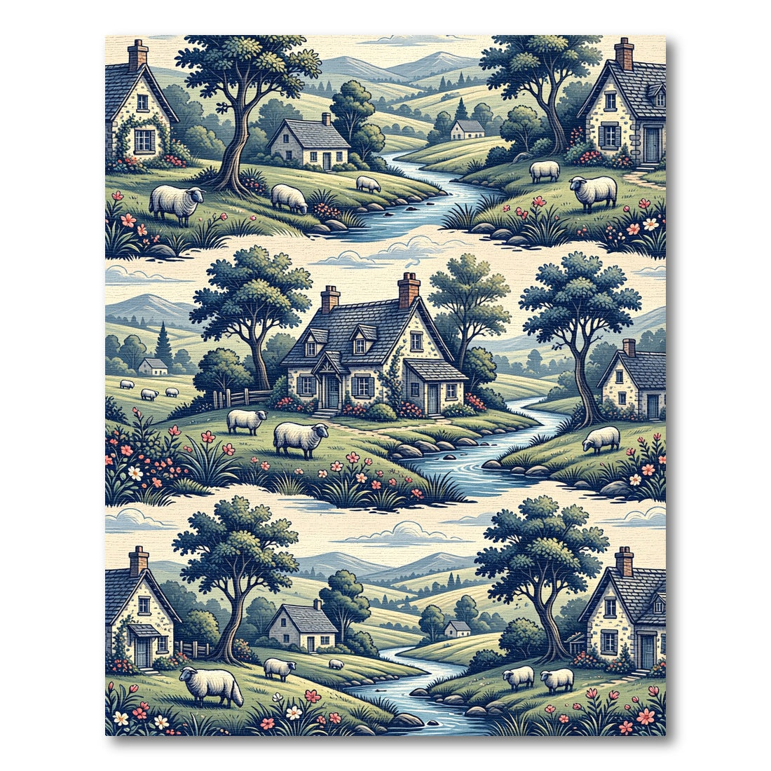 Pastoral Countryside Cottage and Sheep Landscape Rug