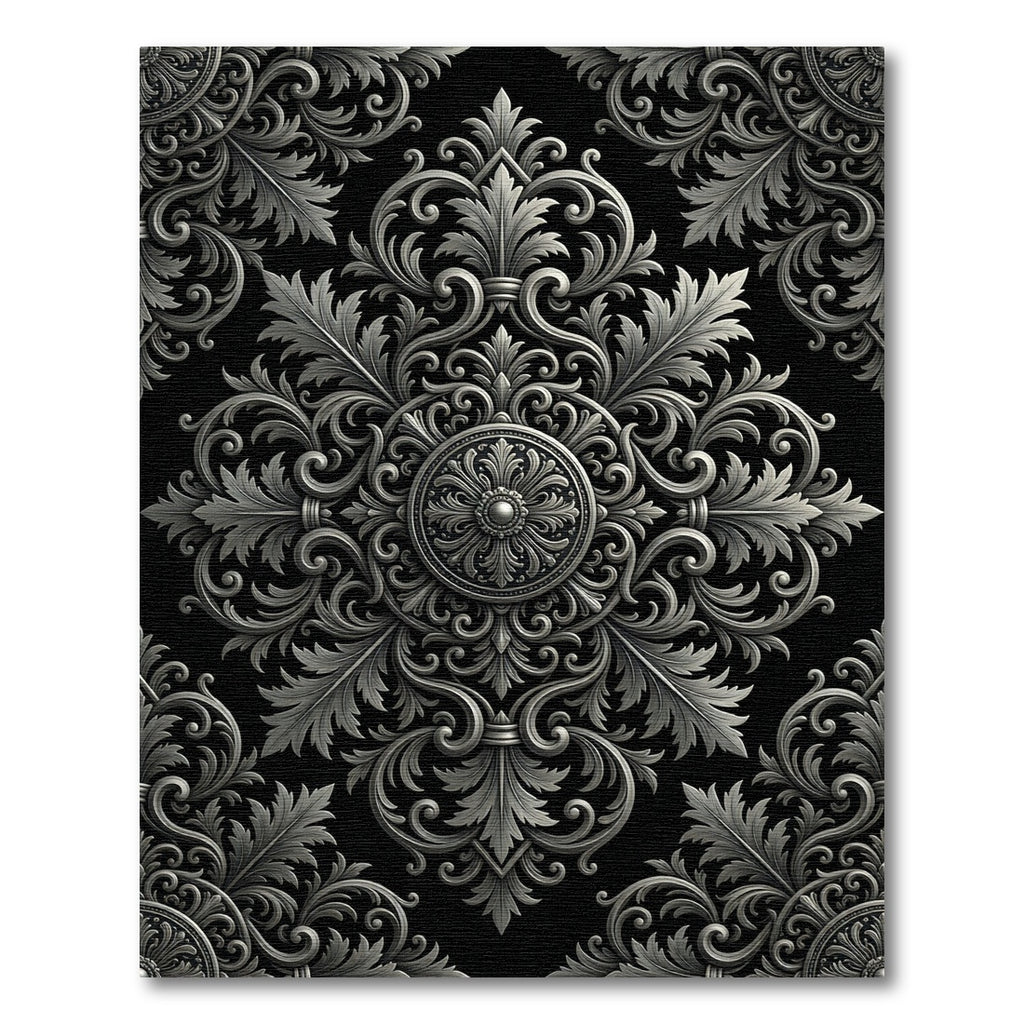 Ornate Silver Baroque Damask Medallion Rug