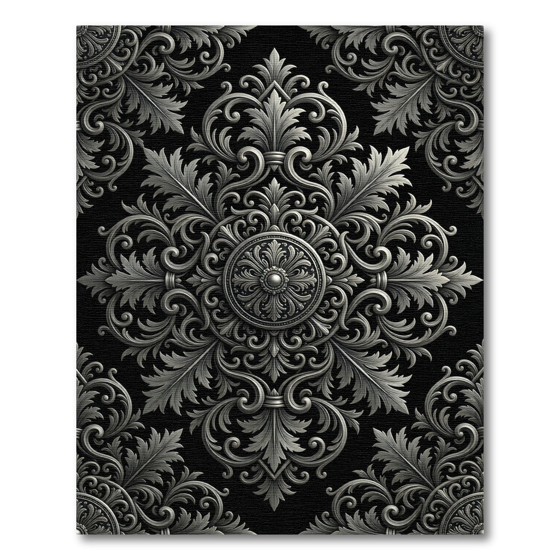 Ornate Silver Baroque Damask Medallion Rug