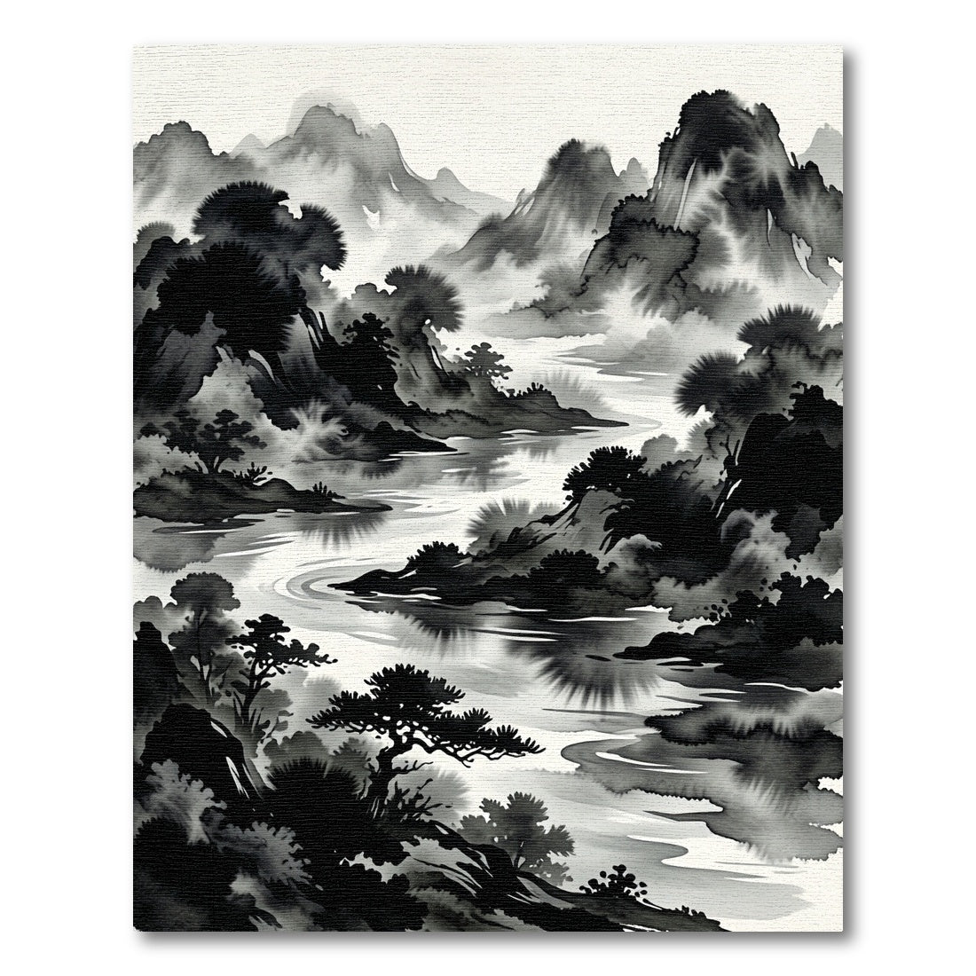 Misty Mountain River Sumi-e Landscape Rug