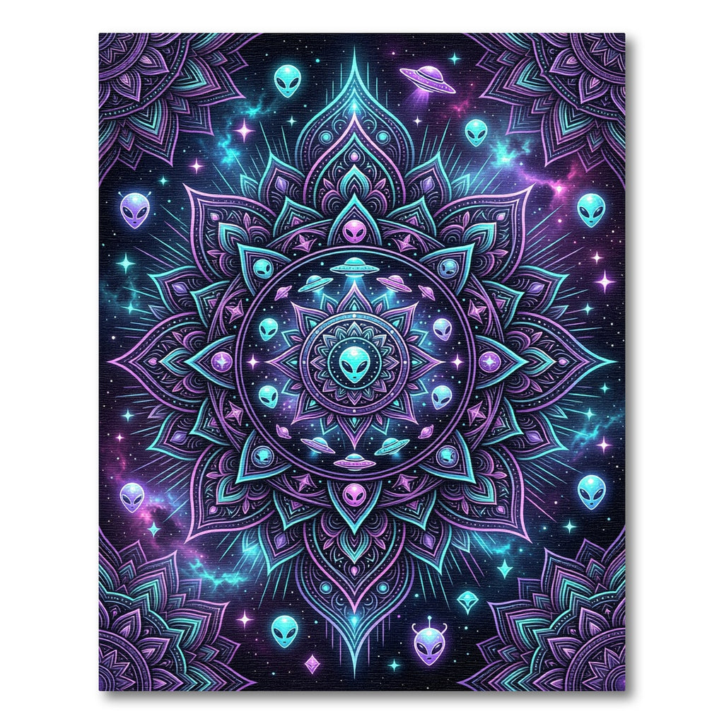 Neon Galactic Alien Mandala Medallion Rug