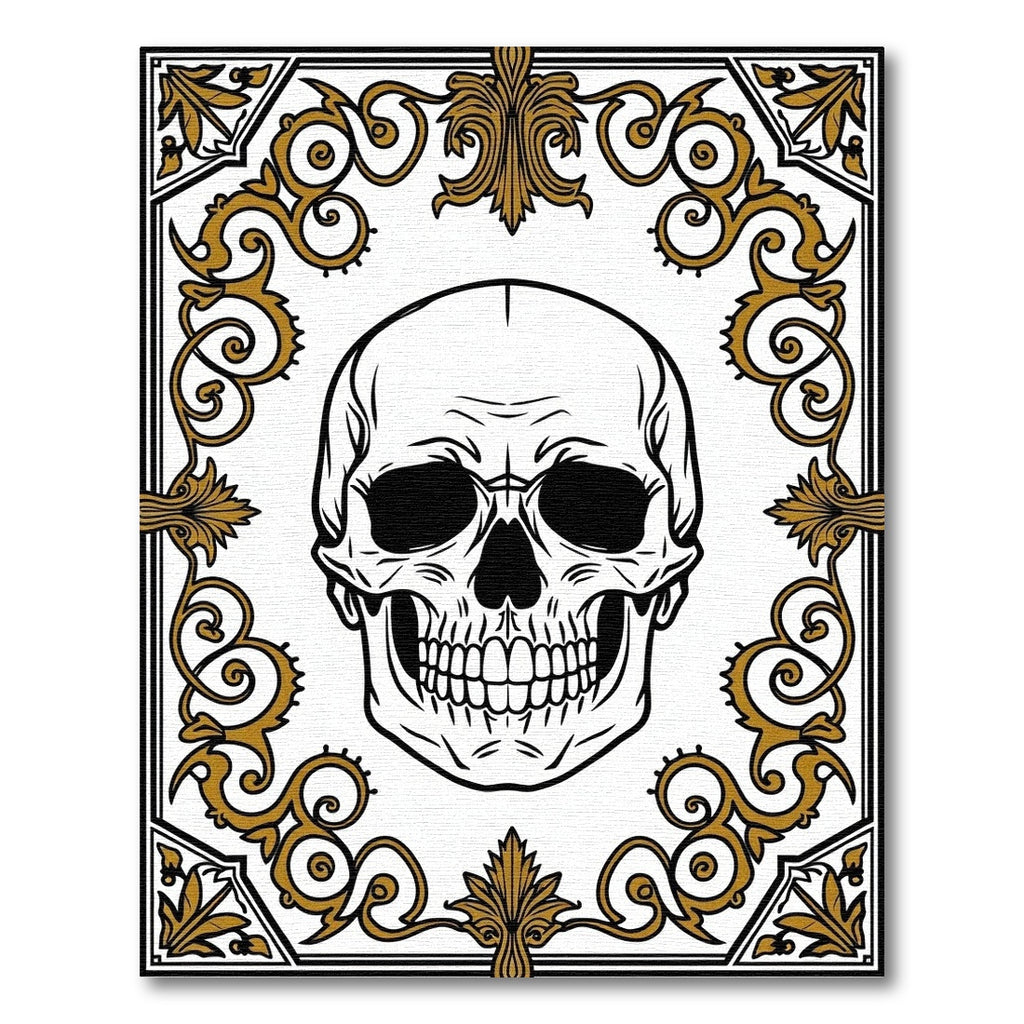 Black Gold Ornate Skull Scrollwork Rug