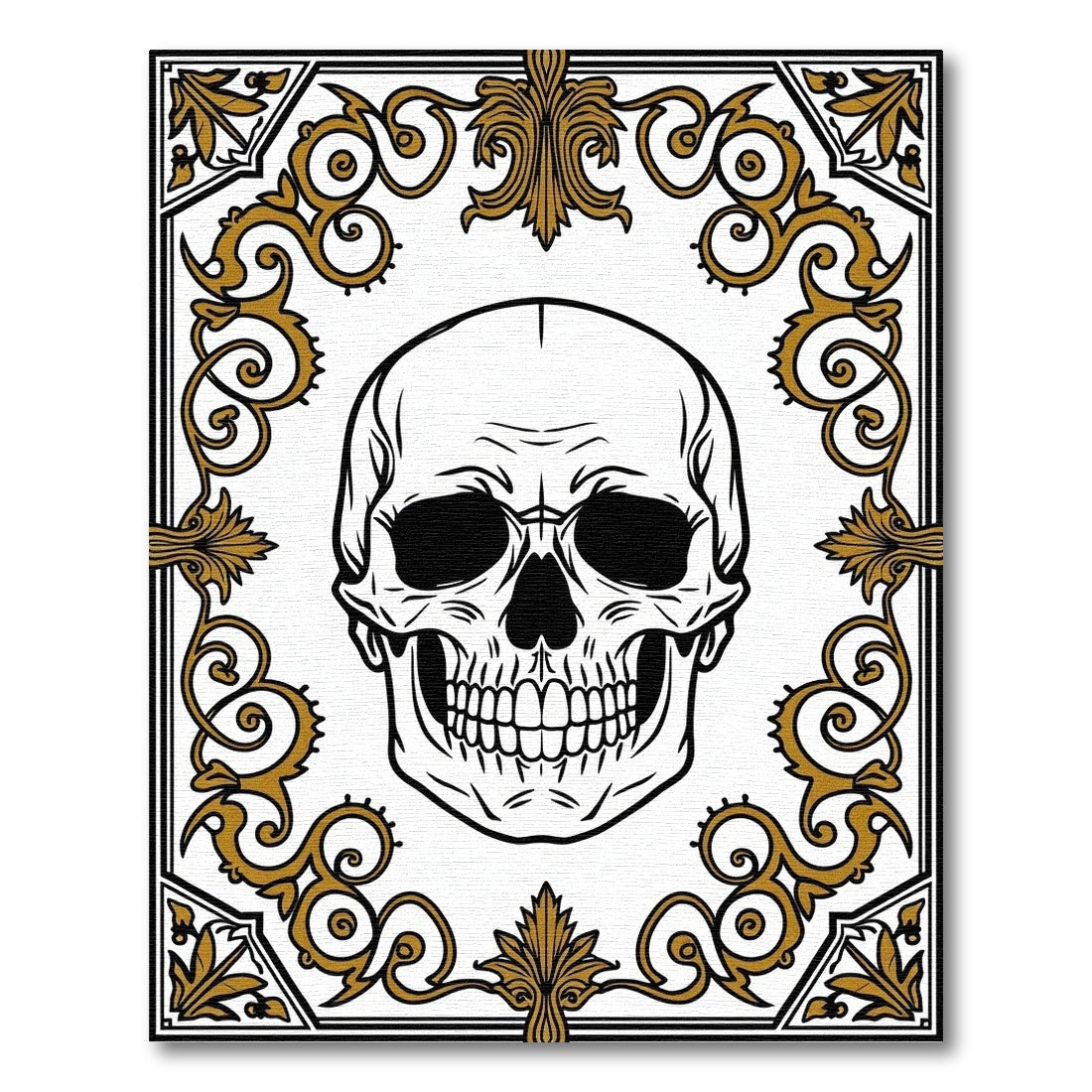 Black Gold Ornate Skull Scrollwork Rug