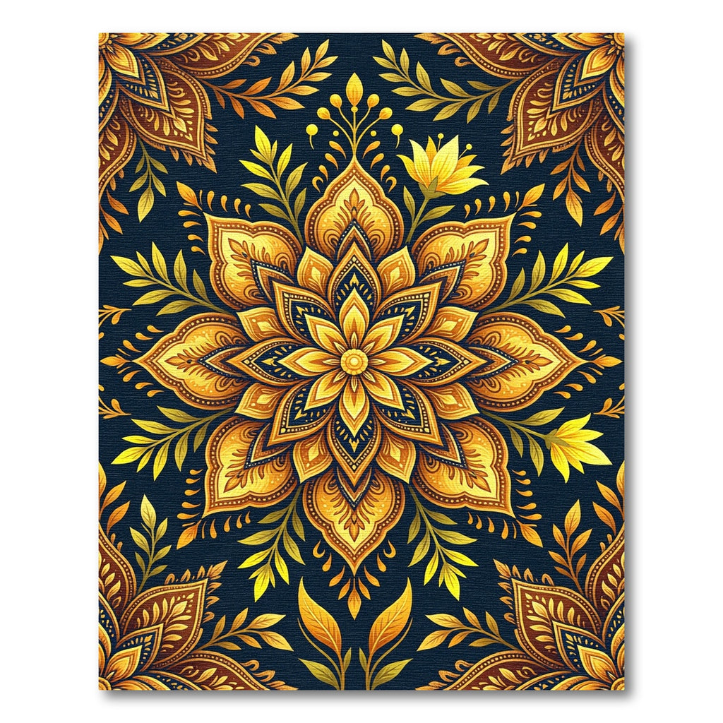 Golden Floral Mandala with Dark Navy Rug