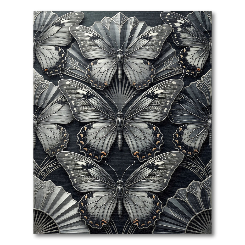 Art Deco Silver Butterfly Fan Arrangement Rug