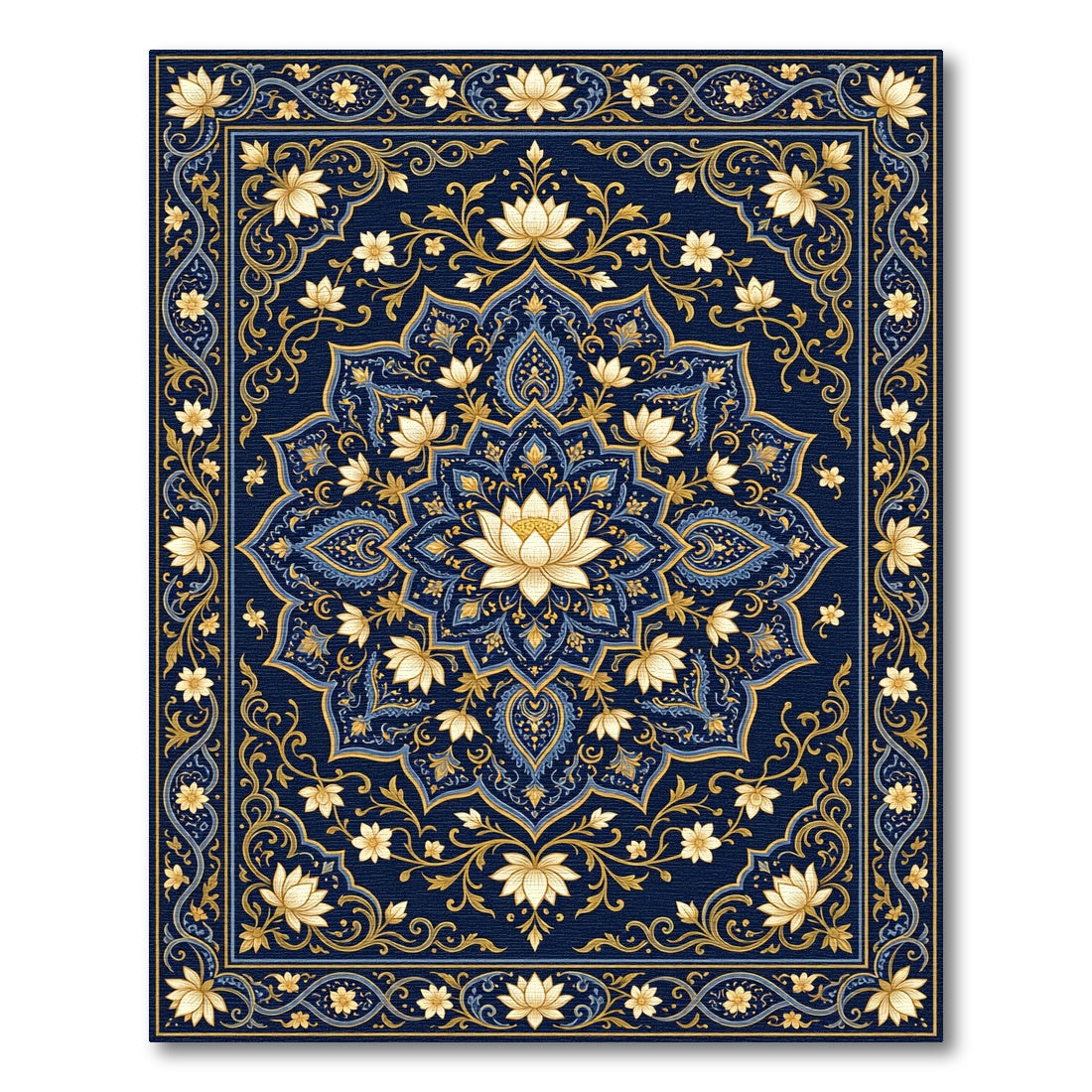 Golden Lotus Floral Medallion Navy Rug