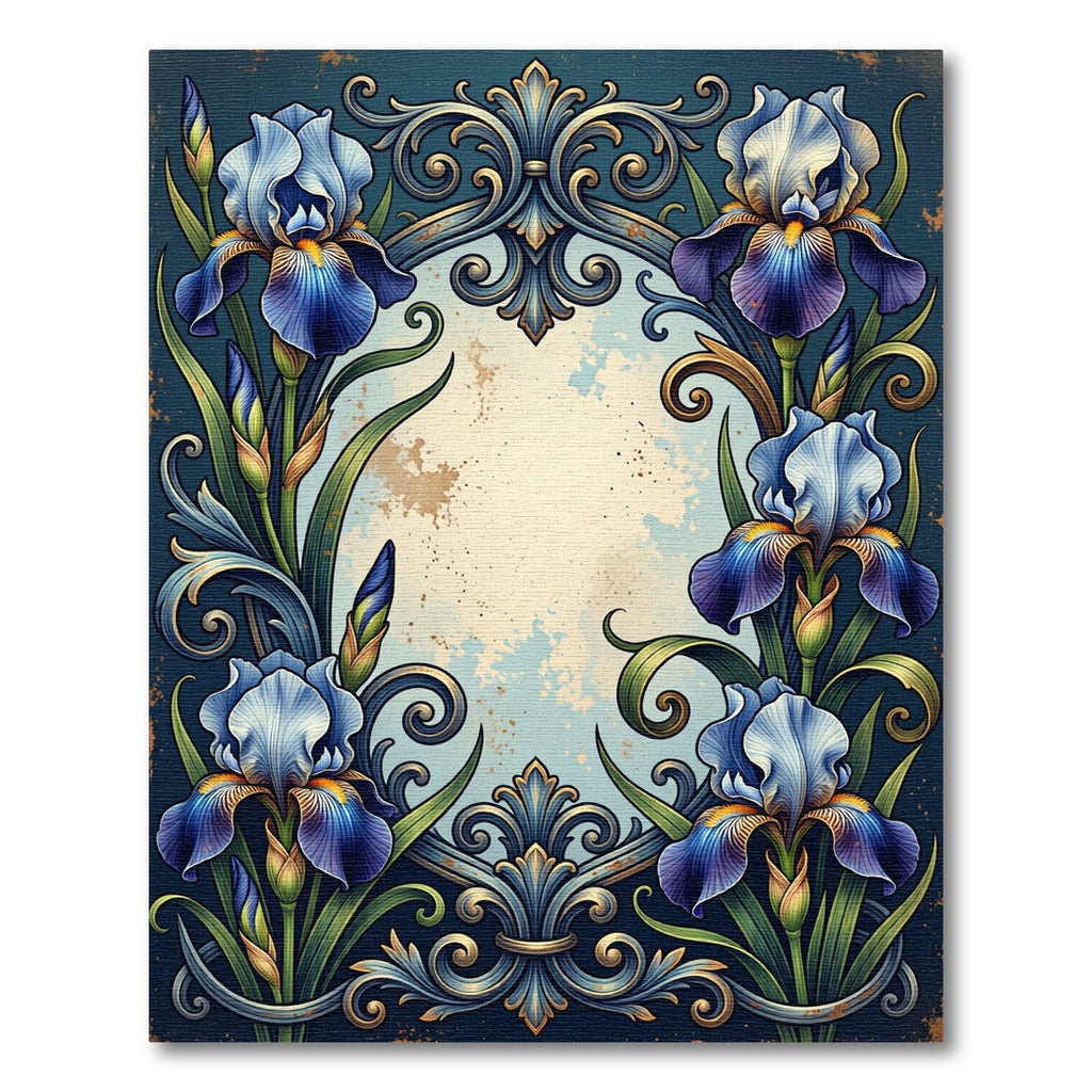 Ornate Blue Iris Scroll Frame Rug