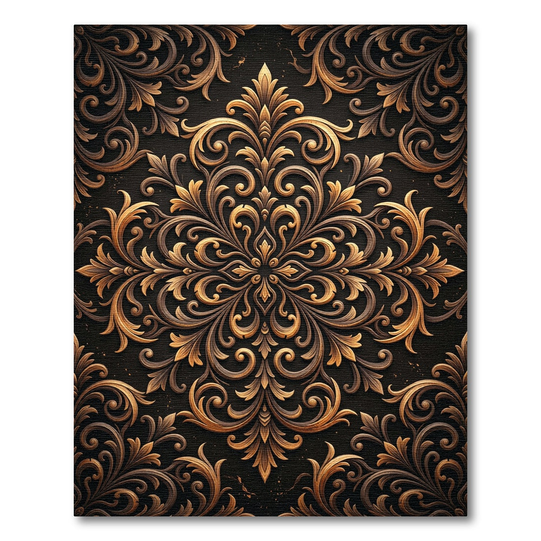 Ornate Gold and Bronze Damask Rug