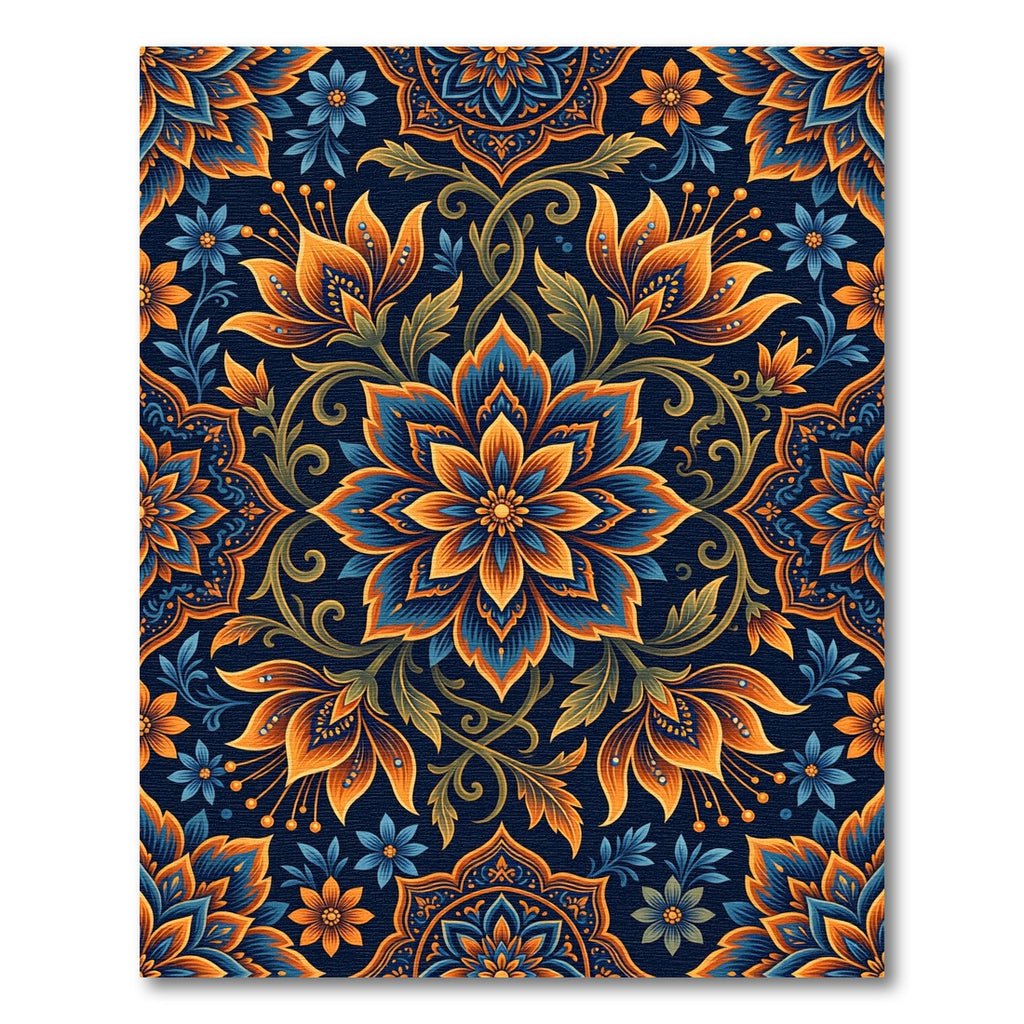 Deep Blue Orange Floral Medallion Rug