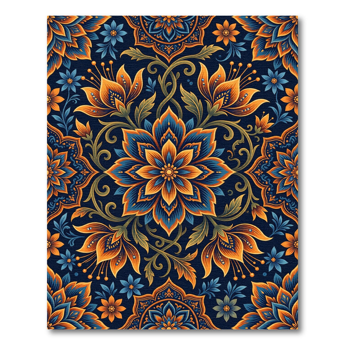 Deep Blue Orange Floral Medallion Rug