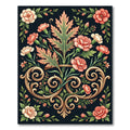 Coral Pink Floral Scrollwork Black Rug