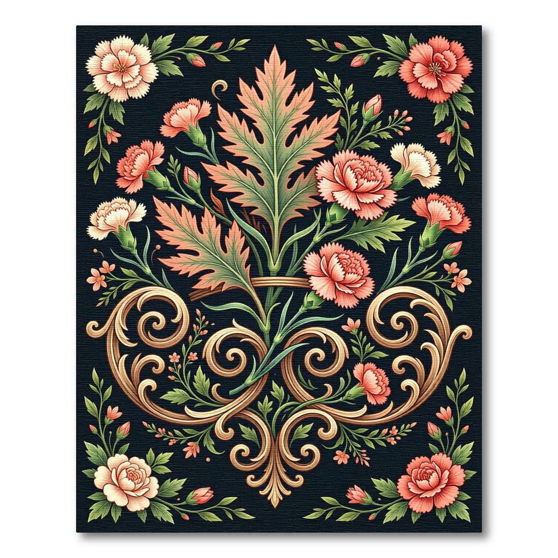 Coral Pink Floral Scrollwork Black Rug
