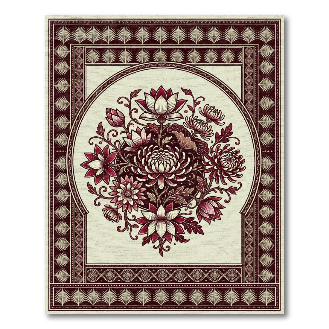 Deep Crimson Lotus Chrysanthemum Medallion Rug